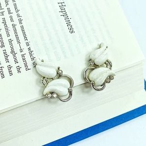 Vintage Kramer White Milk Glass Rhinestone Clip Earrings, Silver,Designer Signed